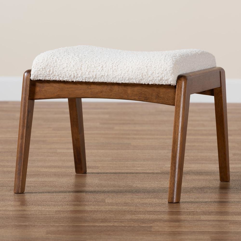 Off-White Boucle Upholstered and Walnut Brown Finished Wood Ottoman Footstool. Picture 15