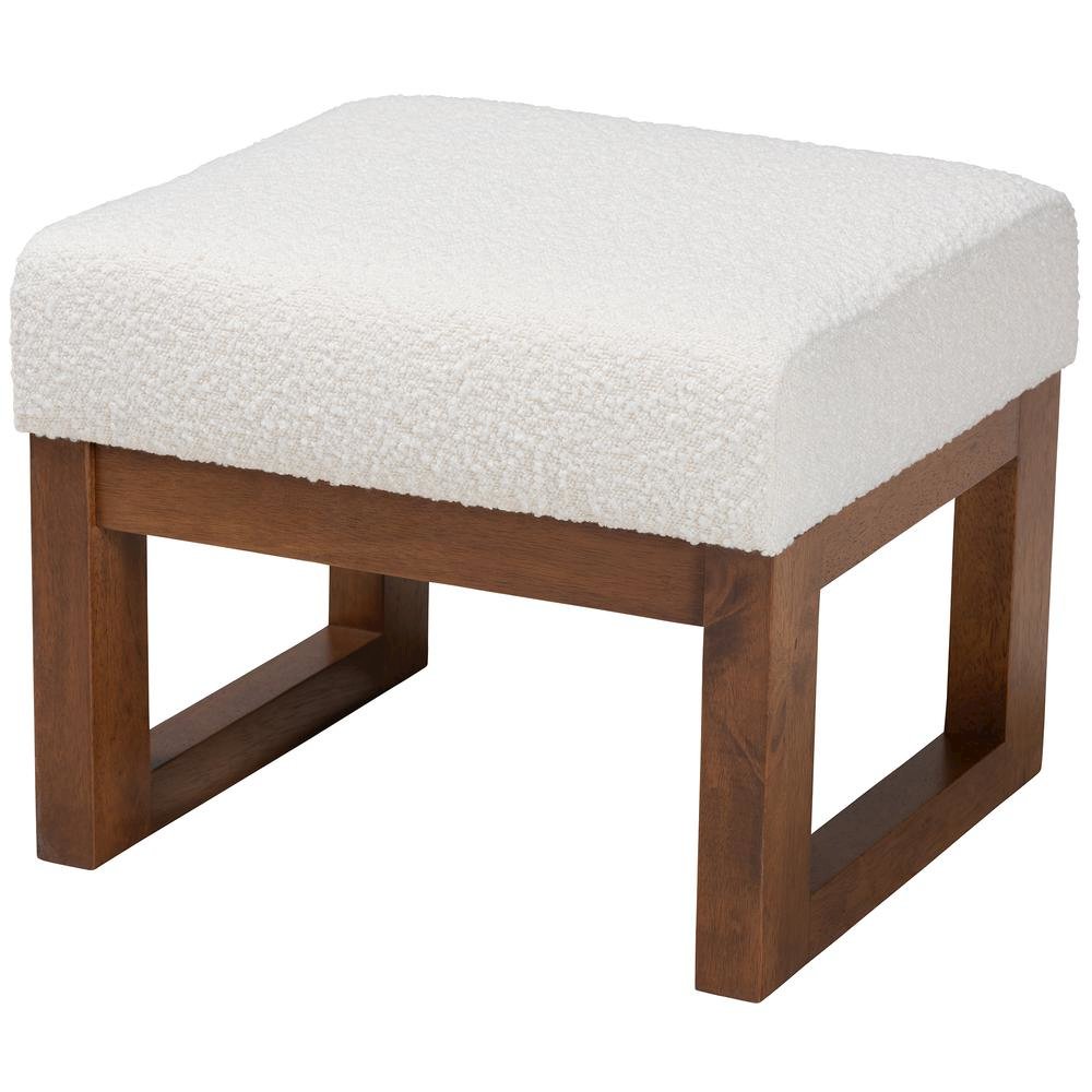Off-White Boucle Upholstered and Walnut Brown Finished Wood Ottoman Footstool. Picture 9