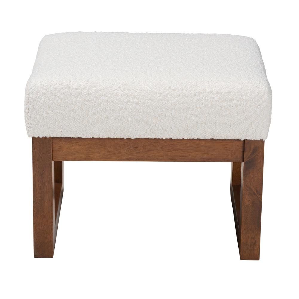 Off-White Boucle Upholstered and Walnut Brown Finished Wood Ottoman Footstool. Picture 10