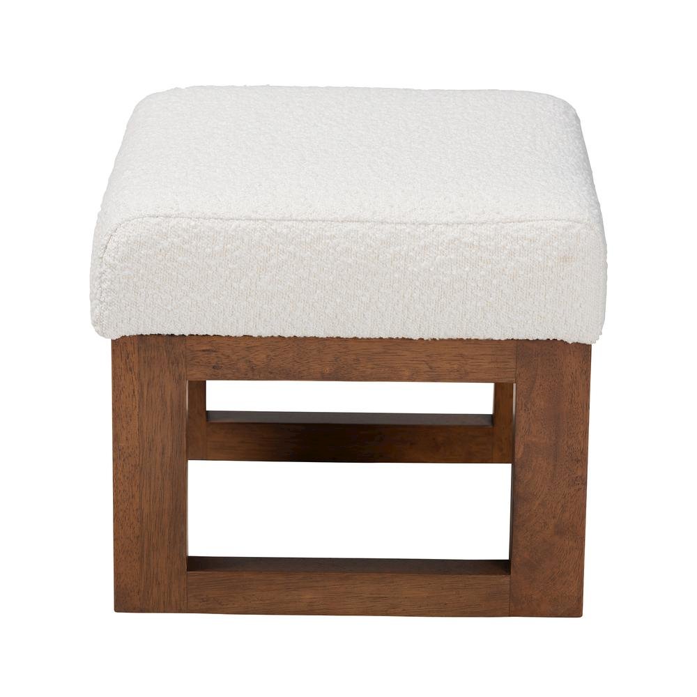 Off-White Boucle Upholstered and Walnut Brown Finished Wood Ottoman Footstool. Picture 11