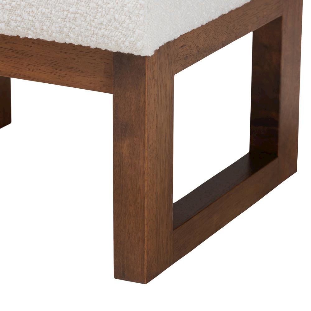 Off-White Boucle Upholstered and Walnut Brown Finished Wood Ottoman Footstool. Picture 12