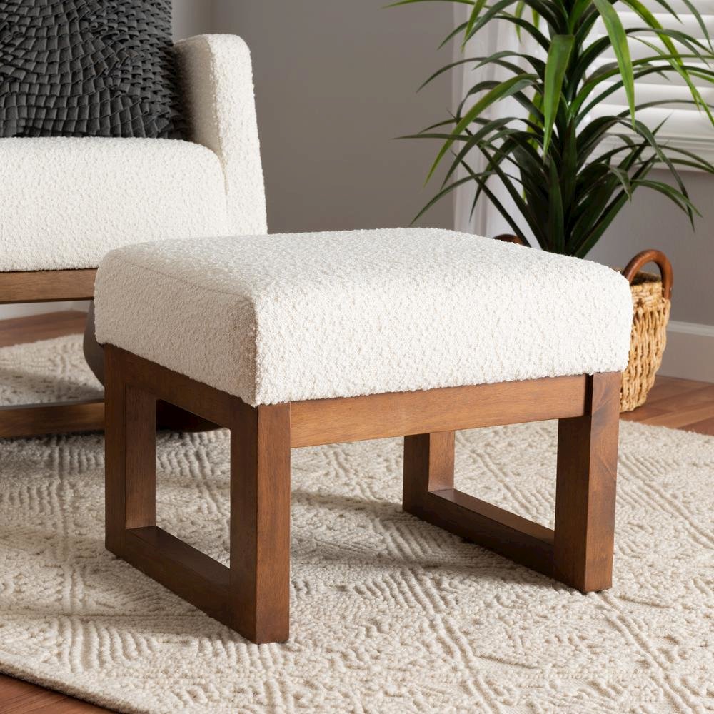 Off-White Boucle Upholstered and Walnut Brown Finished Wood Ottoman Footstool. Picture 14