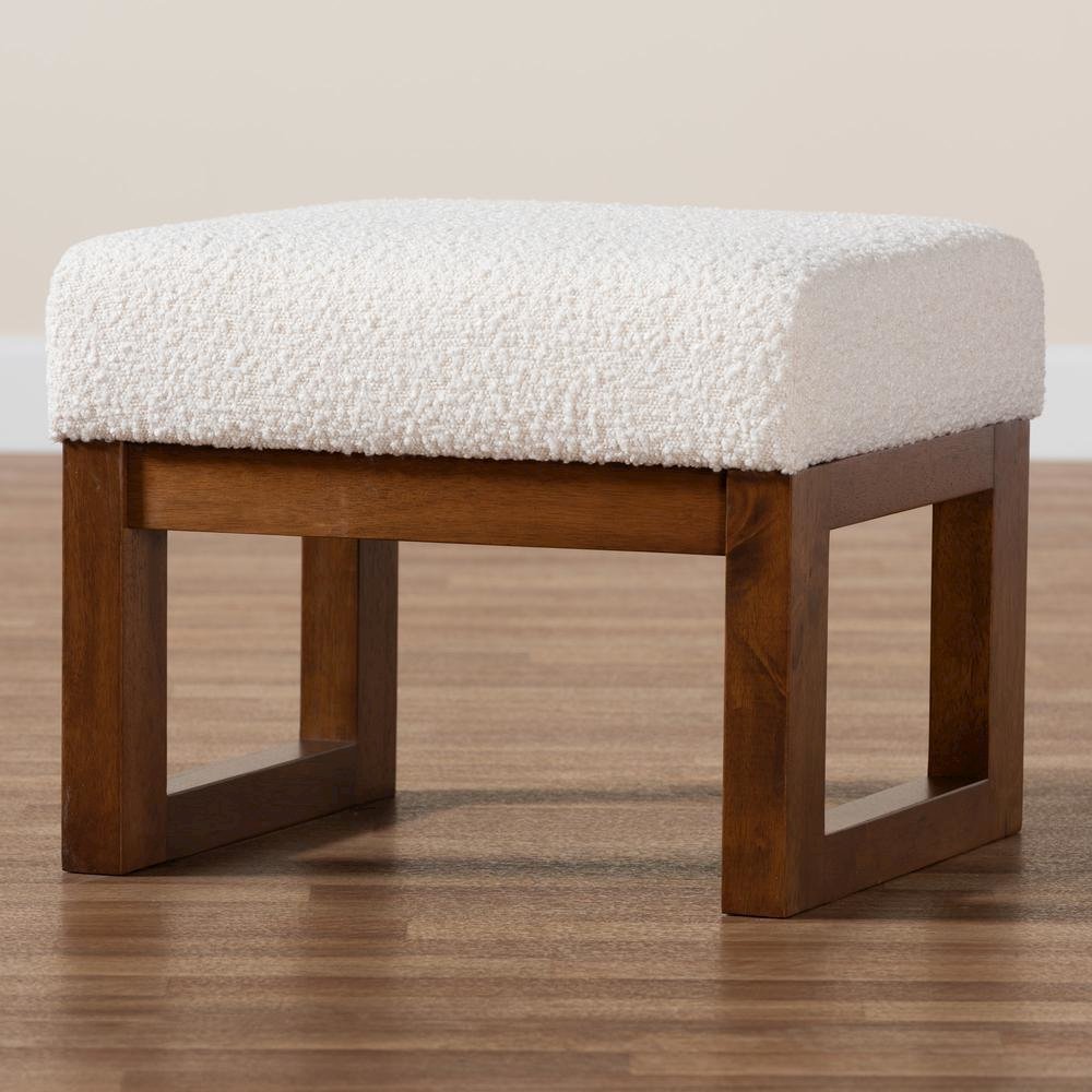 Off-White Boucle Upholstered and Walnut Brown Finished Wood Ottoman Footstool. Picture 15