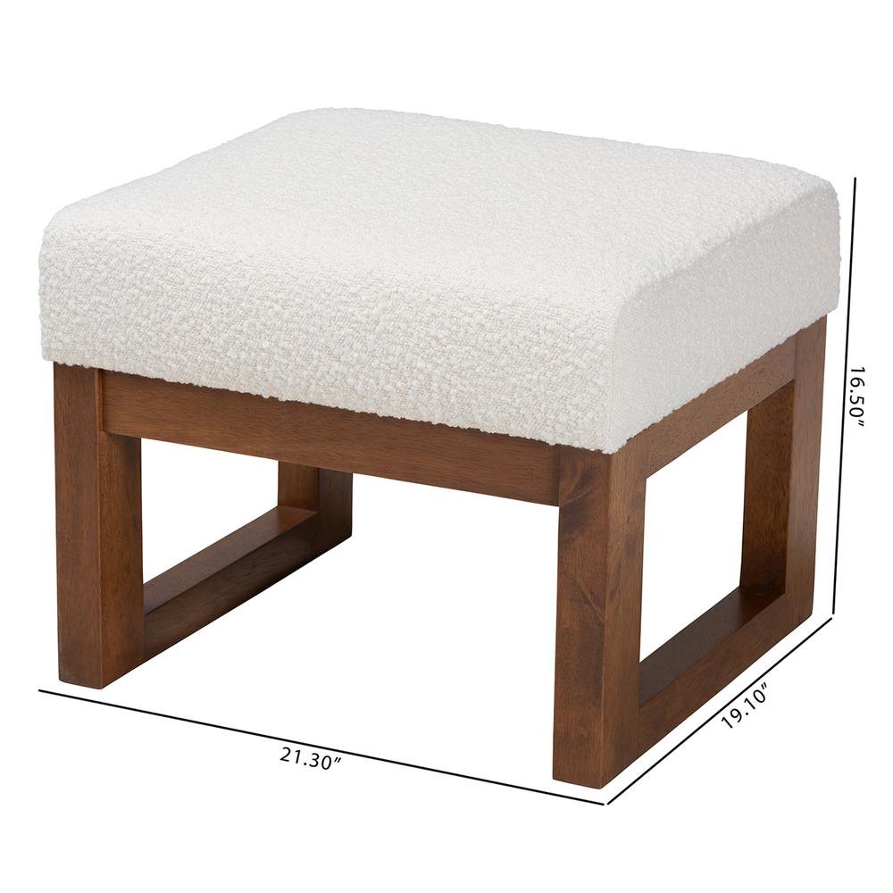 Off-White Boucle Upholstered and Walnut Brown Finished Wood Ottoman Footstool. Picture 16