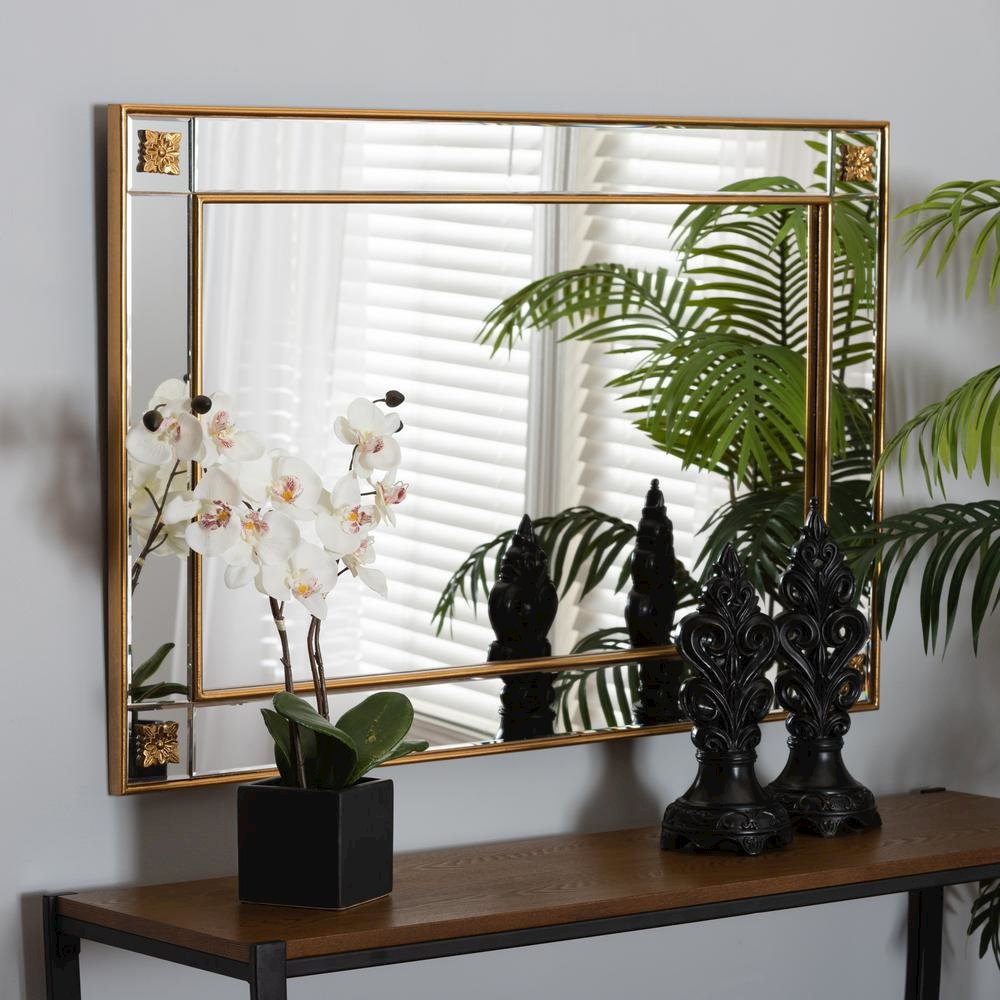 Iara Modern Glam and Luxe Antique Goldleaf Finished Wood Accent Wall Mirror. Picture 9