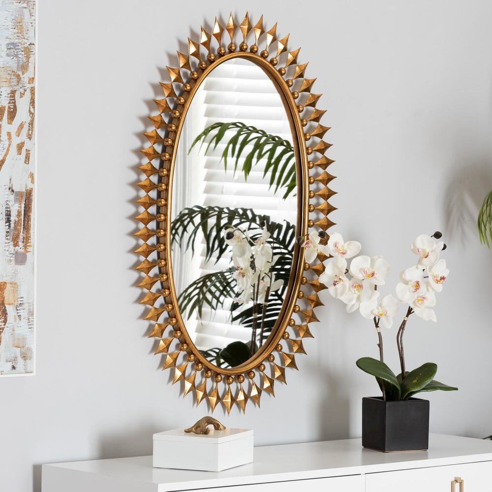 Rogier Modern Glam and Luxe Antique Goldleaf Metal Accent Wall Mirror. Picture 7