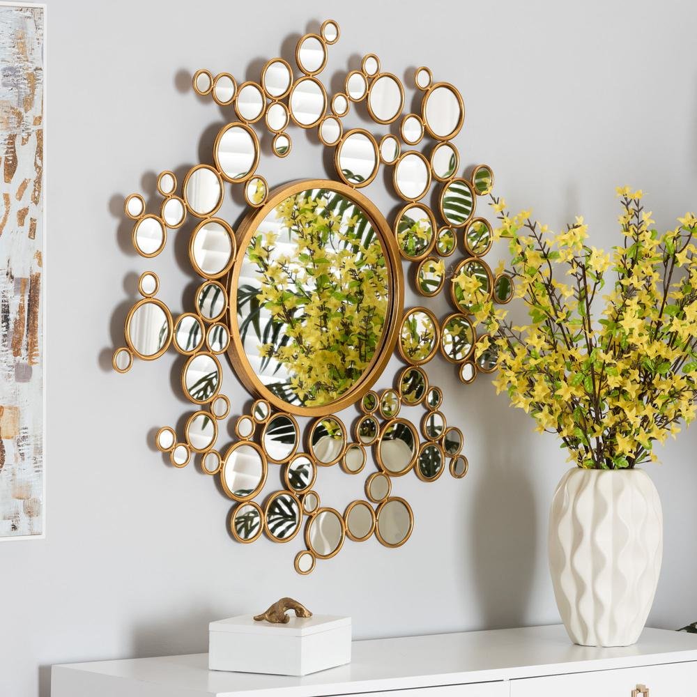Castiel Modern Glam and Luxe Antique Goldleaf Metal Bubble Accent Wall Mirror. Picture 7
