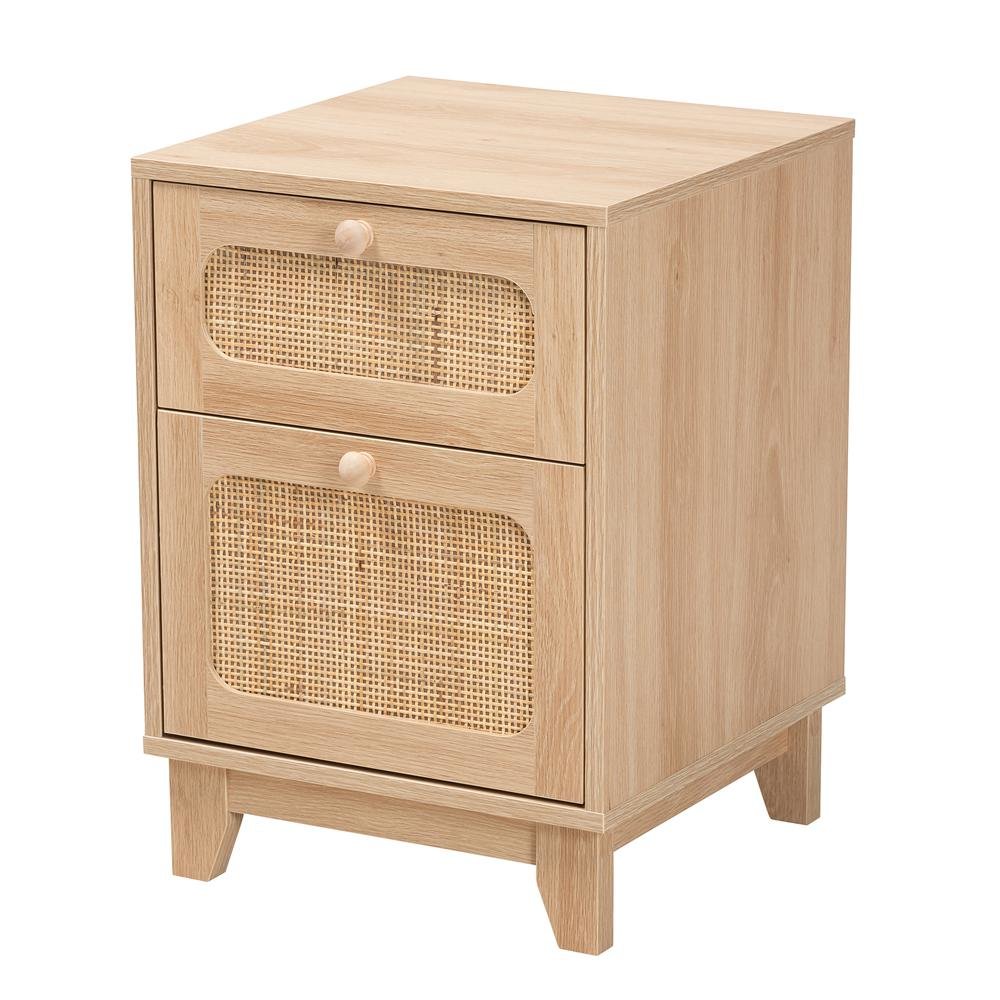 Light Brown Finished Wood and Natural Rattan 1-Drawer End Table. Picture 11