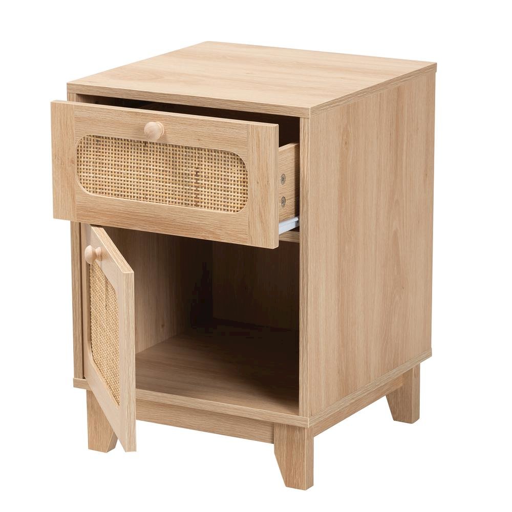 Light Brown Finished Wood and Natural Rattan 1-Drawer End Table. Picture 12