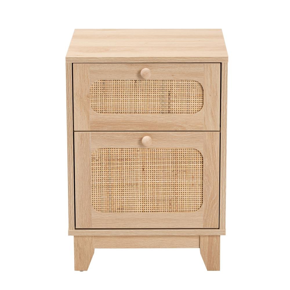 Light Brown Finished Wood and Natural Rattan 1-Drawer End Table. Picture 13