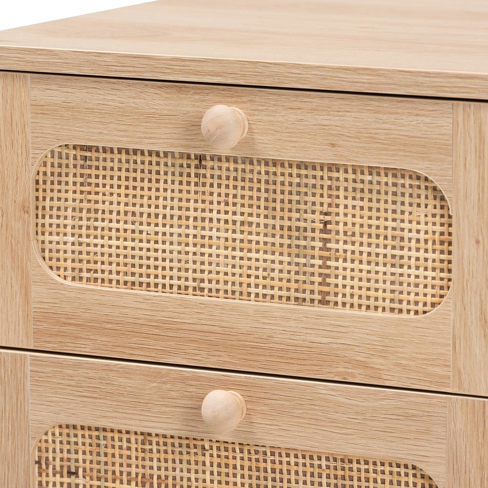 Light Brown Finished Wood and Natural Rattan 1-Drawer End Table. Picture 15