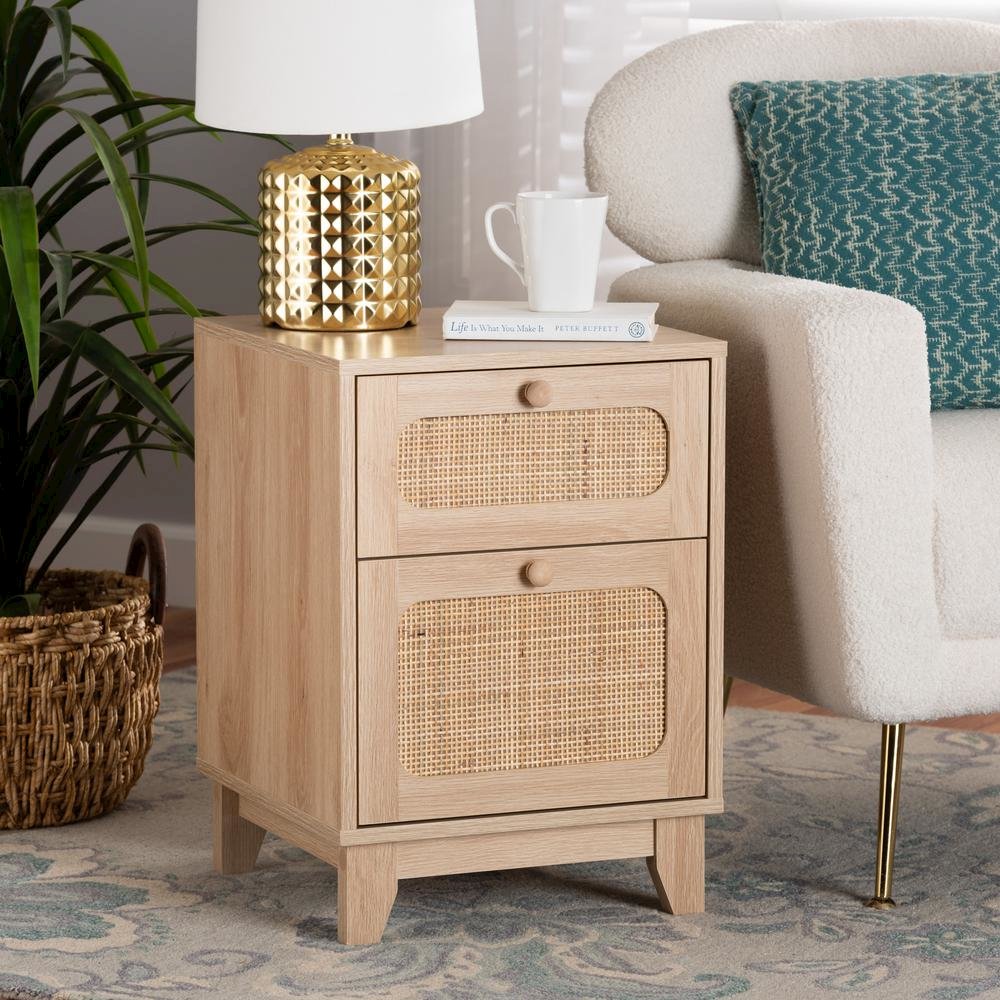 Light Brown Finished Wood and Natural Rattan 1-Drawer End Table. Picture 18