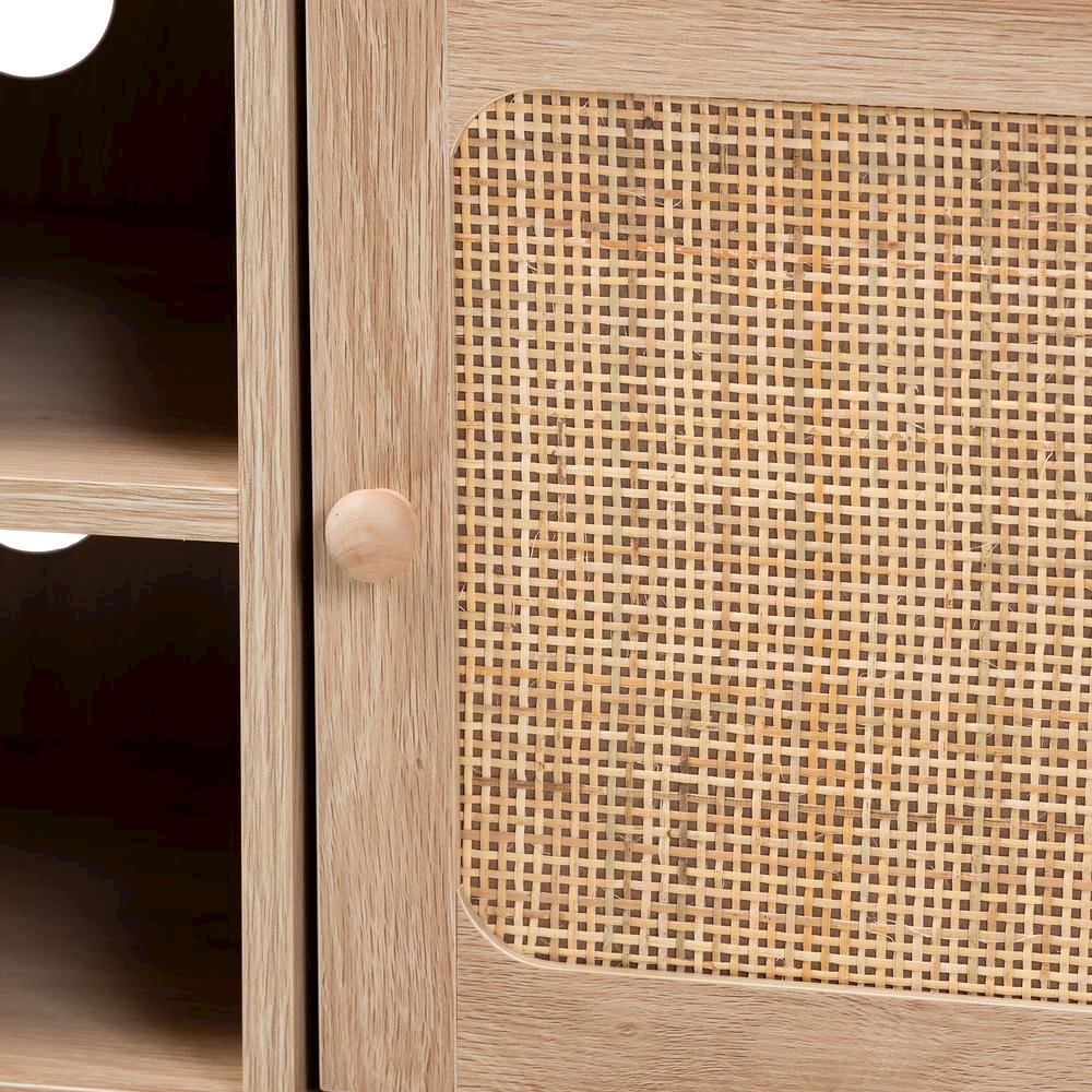 Light Brown Finished Wood and Natural Rattan 2-Door TV Stand. Picture 15
