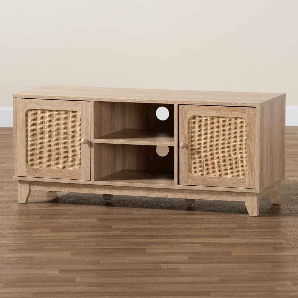 Light Brown Finished Wood and Natural Rattan 2-Door TV Stand. Picture 19