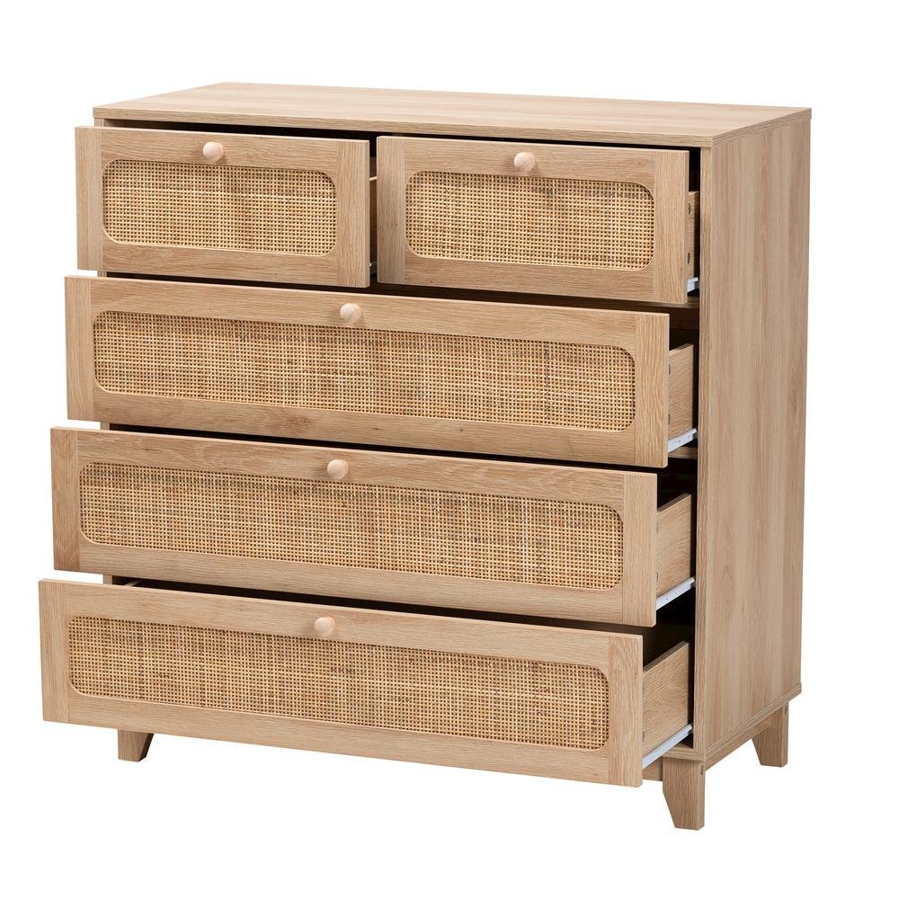 Oak Brown Finished Wood and Natural Rattan 5-Drawer Storage Cabinet. Picture 12