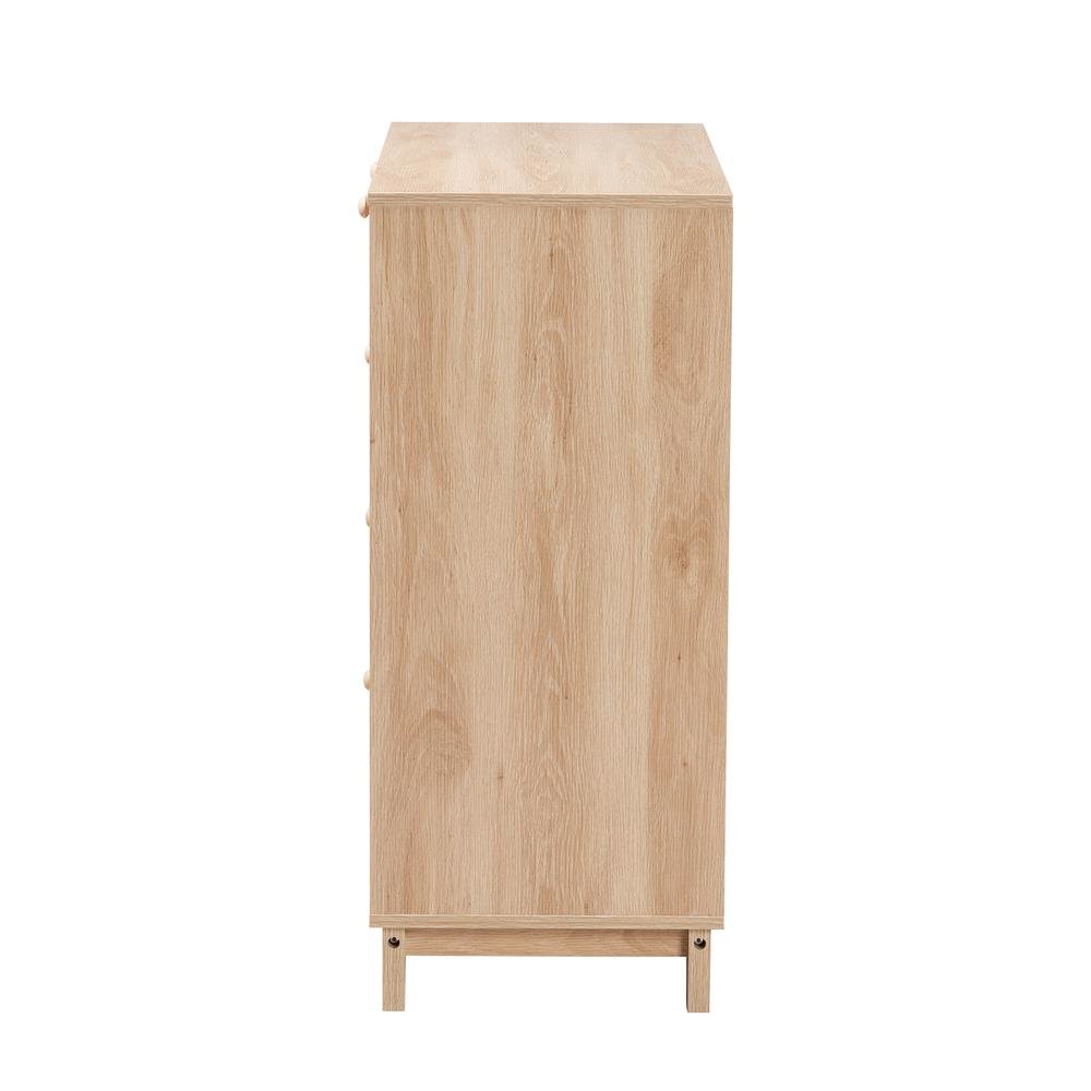 Oak Brown Finished Wood and Natural Rattan 5-Drawer Storage Cabinet. Picture 14