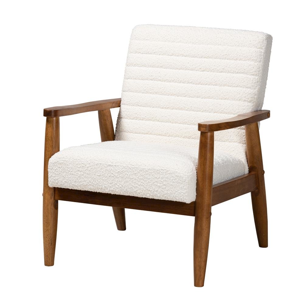 Cream Boucle Fabric and Walnut Brown Finished Wood Armchair. Picture 11