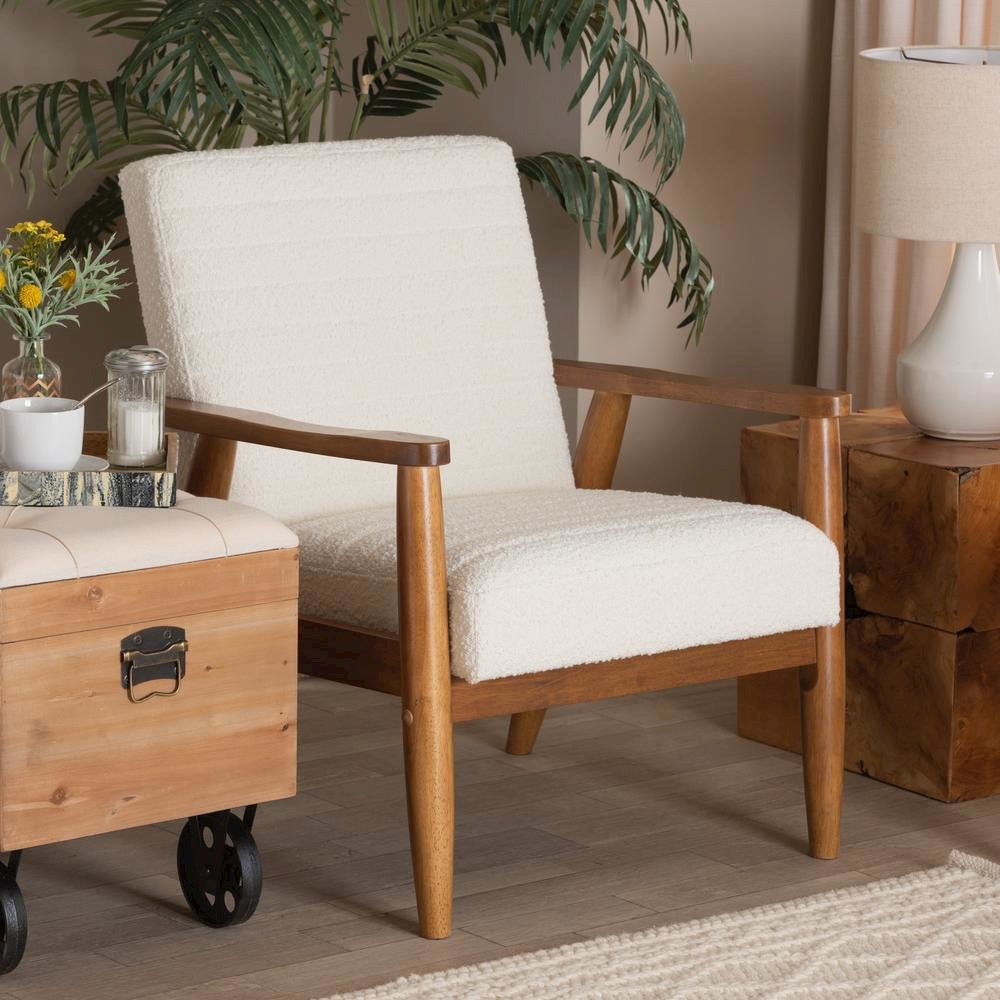 Cream Boucle Fabric and Walnut Brown Finished Wood Armchair. Picture 18