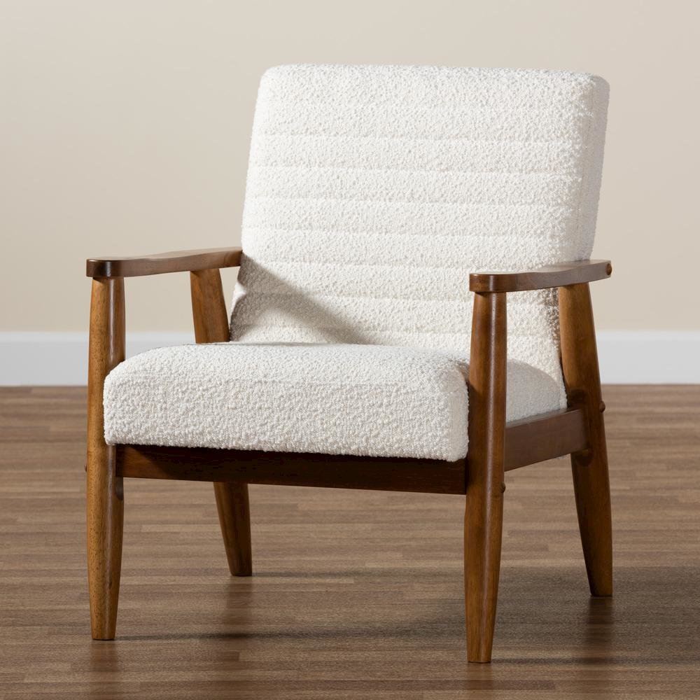 Cream Boucle Fabric and Walnut Brown Finished Wood Armchair. Picture 19