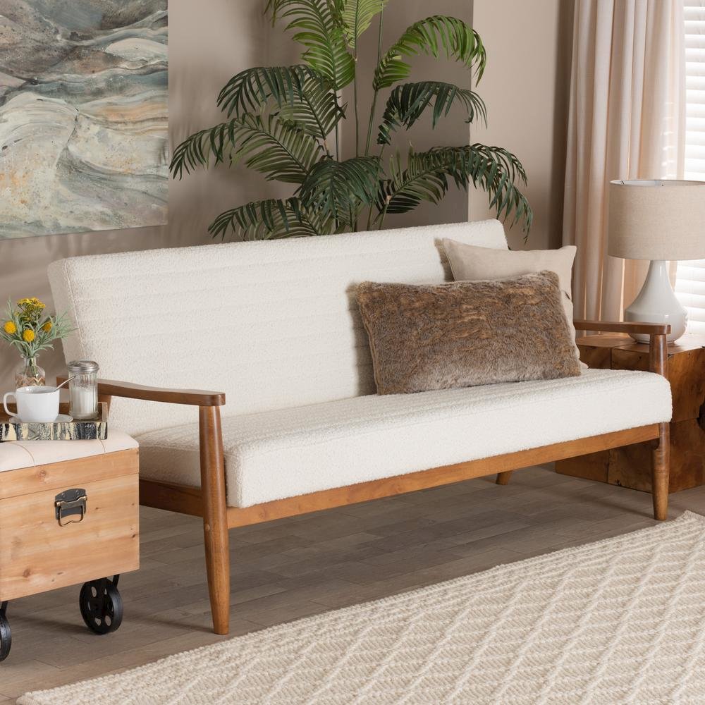 Cream Boucle Fabric and Walnut Brown Finished Wood Sofa. Picture 18