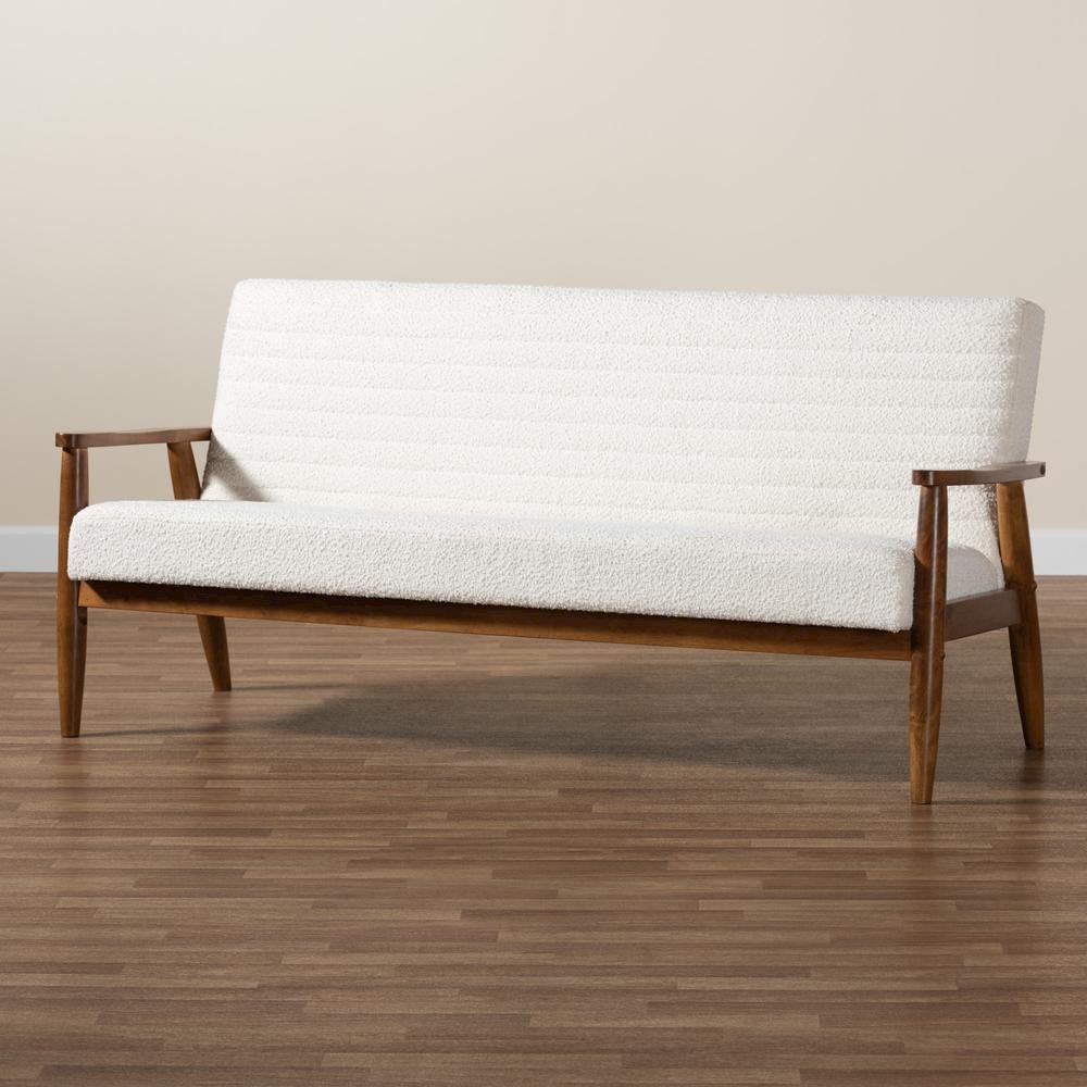 Cream Boucle Fabric and Walnut Brown Finished Wood Sofa. Picture 19
