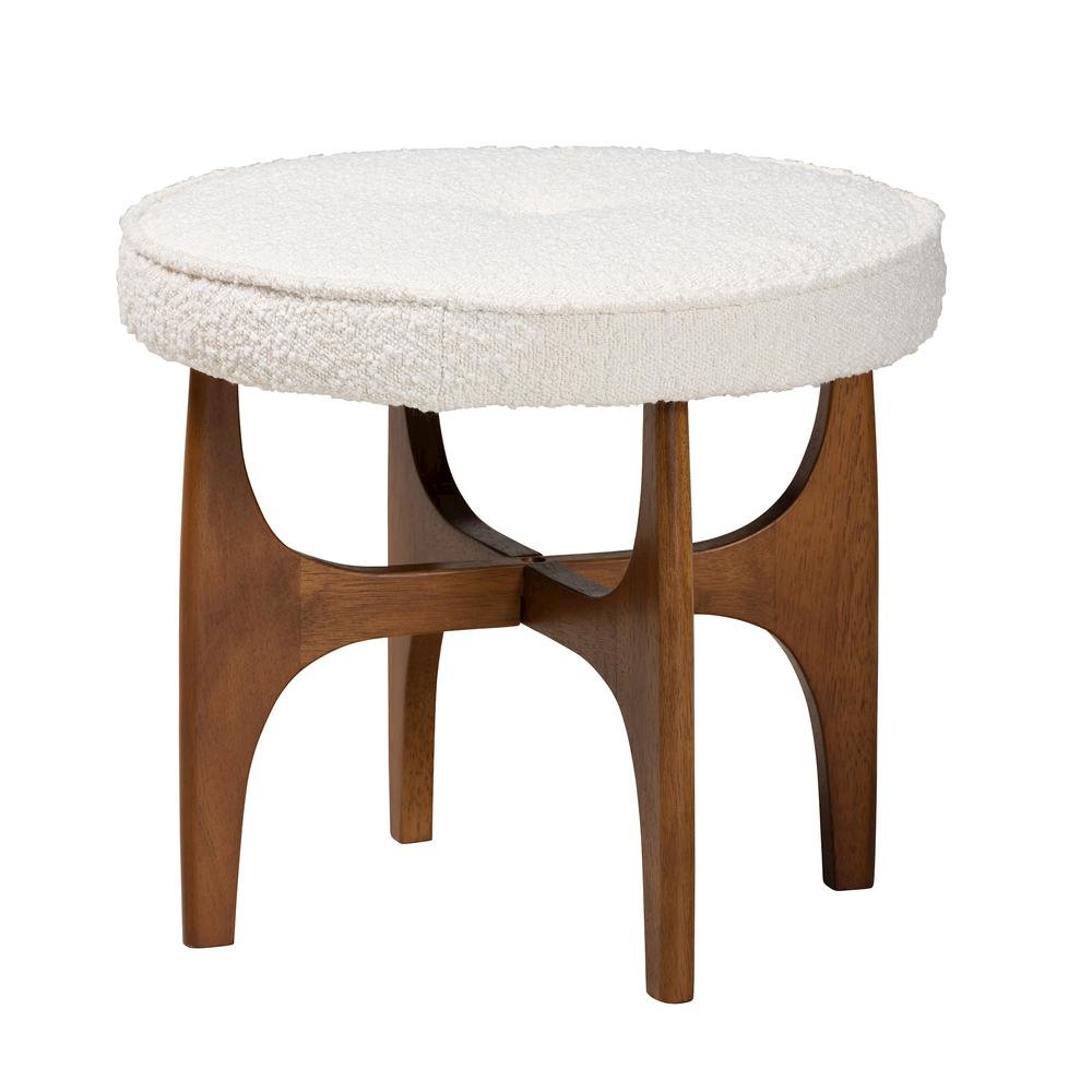 Cream Boucle Fabric and Walnut Brown Finished Rubberwood Ottoman Footstool. Picture 8