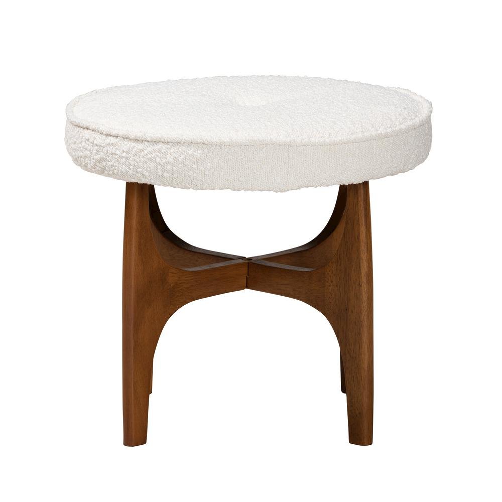 Cream Boucle Fabric and Walnut Brown Finished Rubberwood Ottoman Footstool. Picture 9