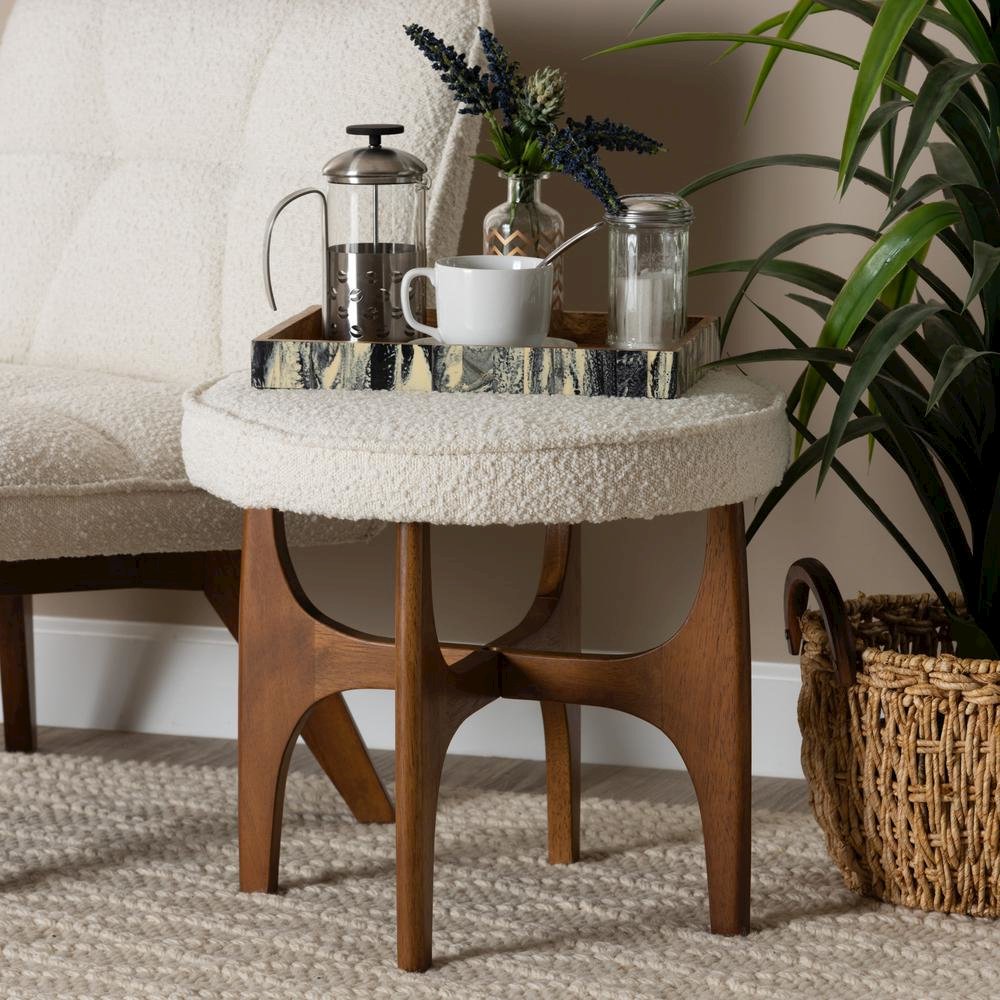 Cream Boucle Fabric and Walnut Brown Finished Rubberwood Ottoman Footstool. Picture 12