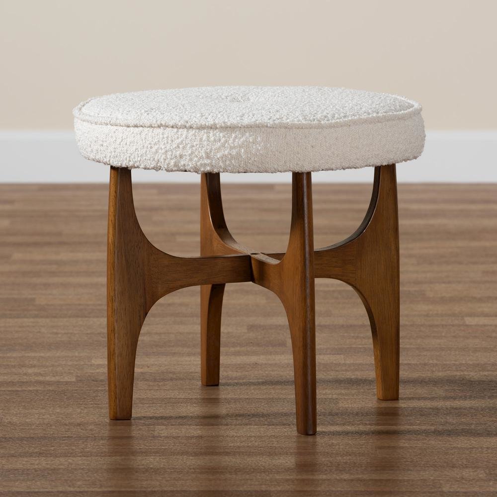Cream Boucle Fabric and Walnut Brown Finished Rubberwood Ottoman Footstool. Picture 13