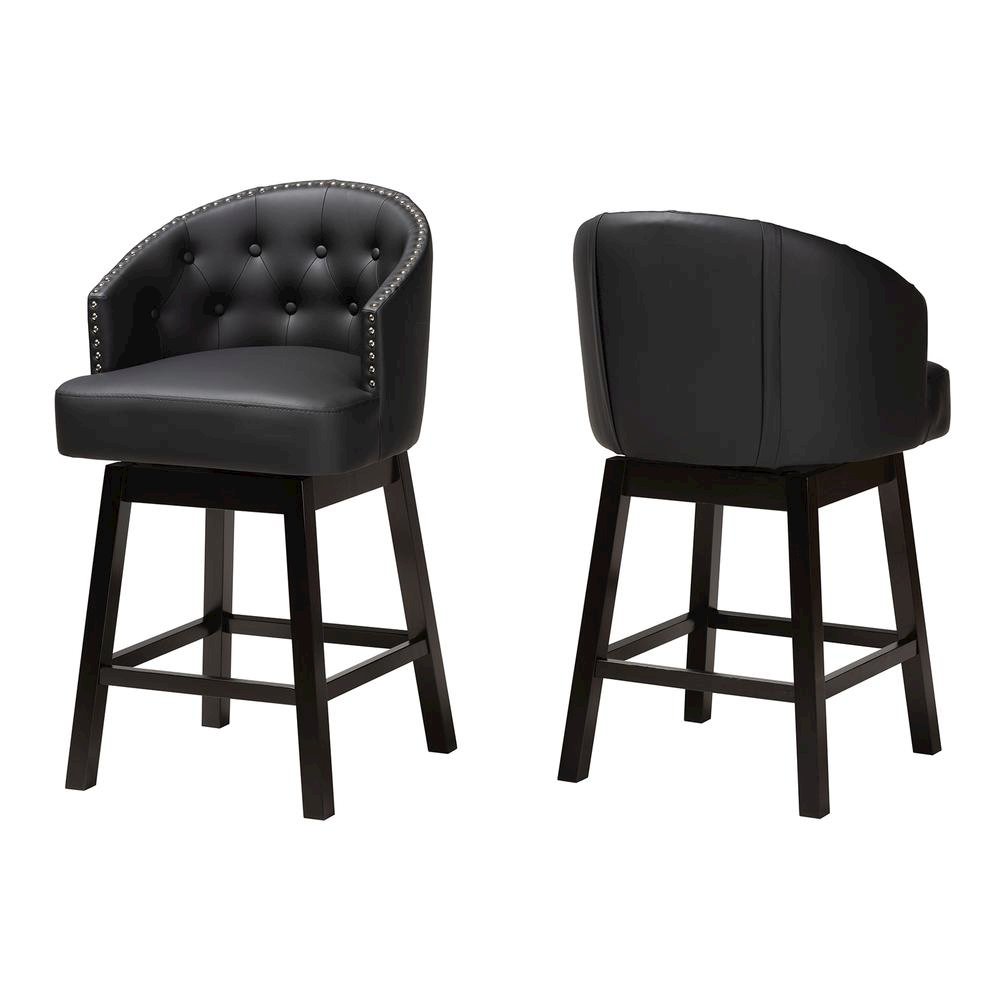 Leather and Espresso Brown Finished Wood 2-Piece Swivel Counter Stool Set. Picture 10