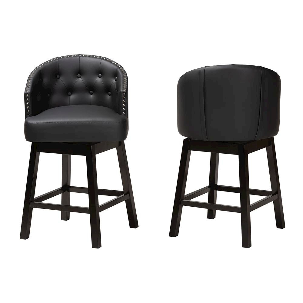 Leather and Espresso Brown Finished Wood 2-Piece Swivel Counter Stool Set. Picture 11