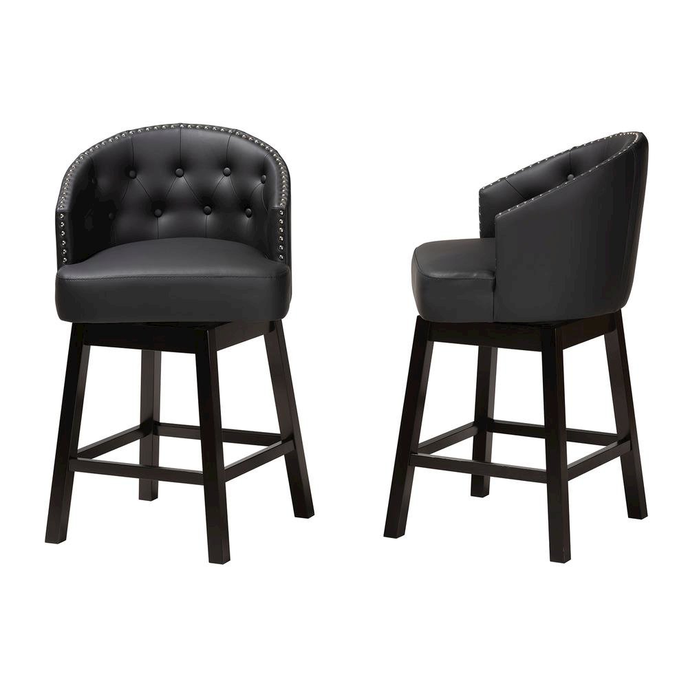 Leather and Espresso Brown Finished Wood 2-Piece Swivel Counter Stool Set. Picture 12