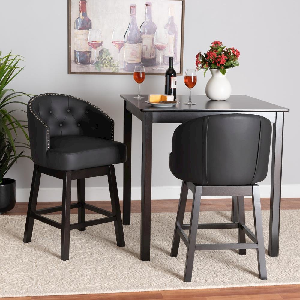 Leather and Espresso Brown Finished Wood 2-Piece Swivel Counter Stool Set. Picture 16