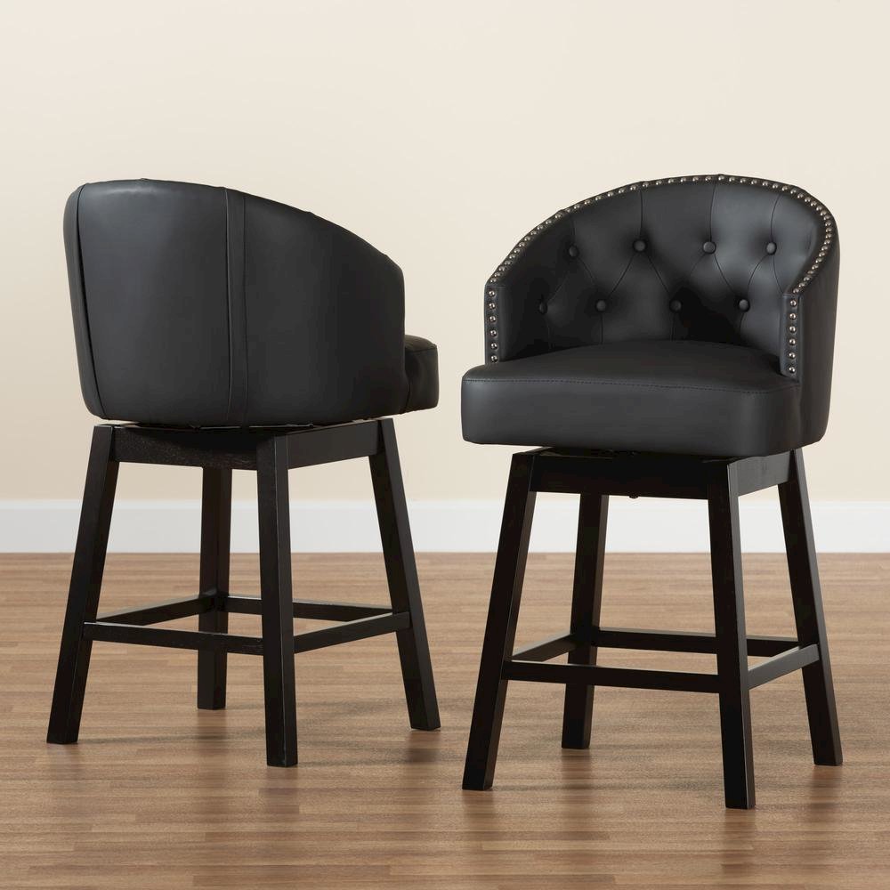 Leather and Espresso Brown Finished Wood 2-Piece Swivel Counter Stool Set. Picture 17