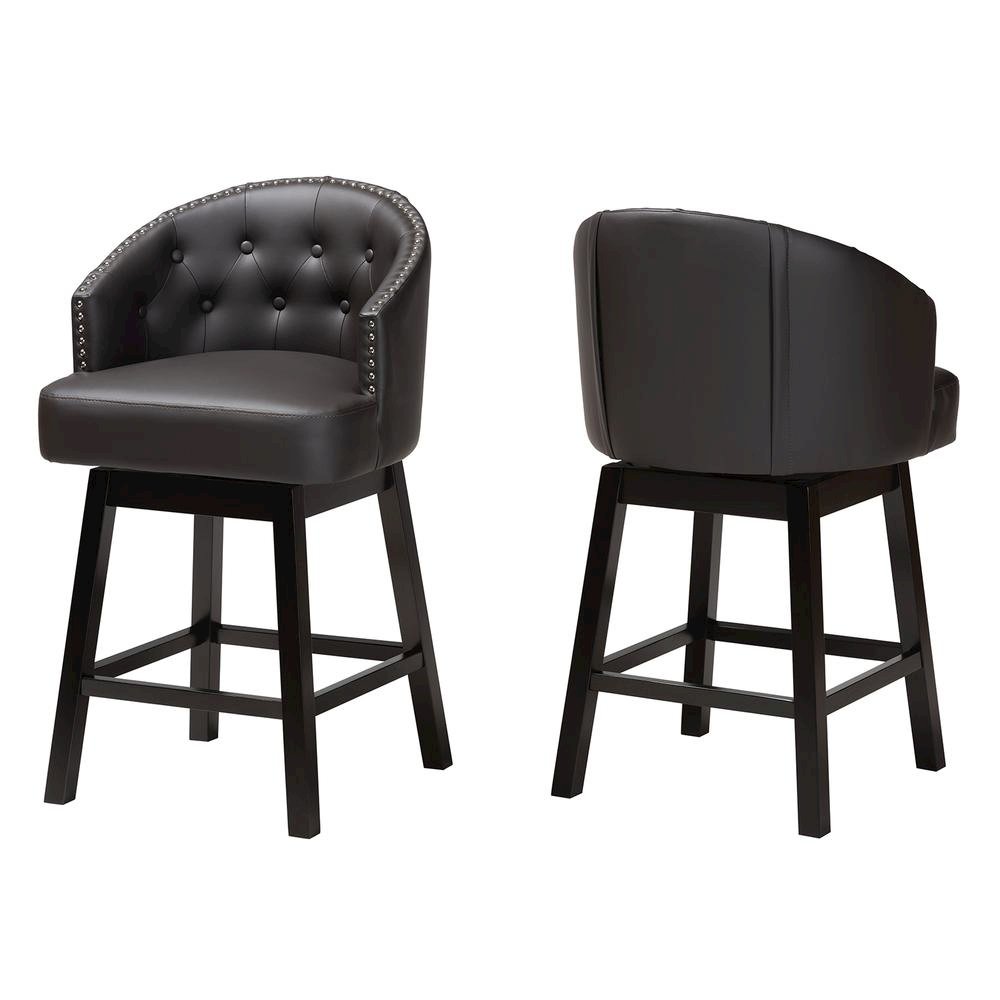 Leather and Espresso Brown Finished Wood 2-Piece Swivel Counter Stool Set. Picture 10