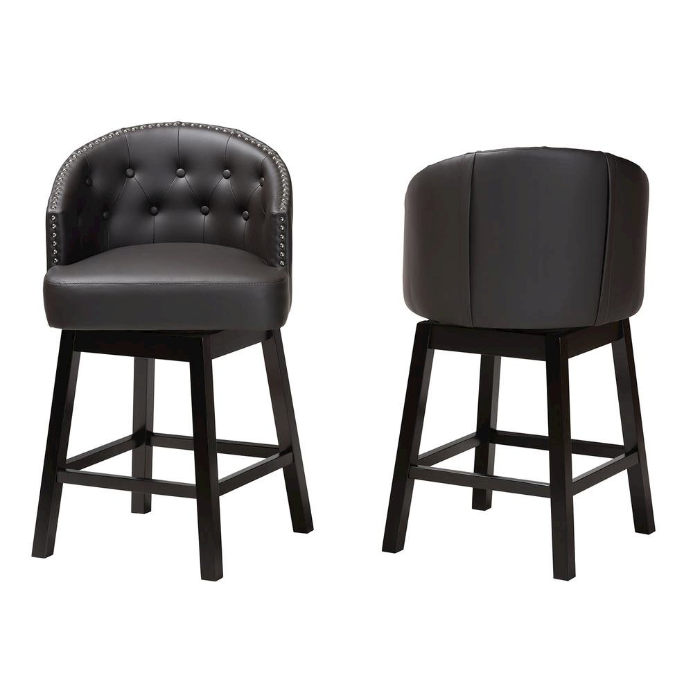 Leather and Espresso Brown Finished Wood 2-Piece Swivel Counter Stool Set. Picture 11