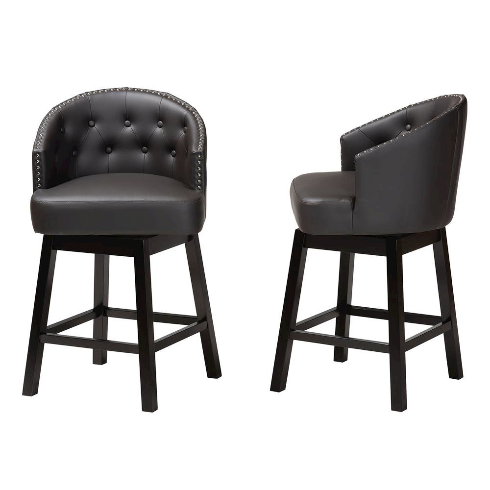 Leather and Espresso Brown Finished Wood 2-Piece Swivel Counter Stool Set. Picture 12