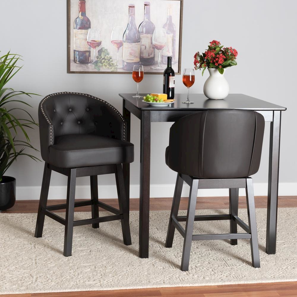 Leather and Espresso Brown Finished Wood 2-Piece Swivel Counter Stool Set. Picture 16