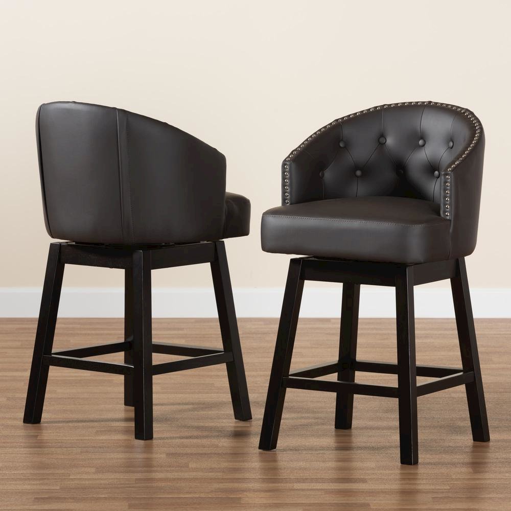 Leather and Espresso Brown Finished Wood 2-Piece Swivel Counter Stool Set. Picture 17