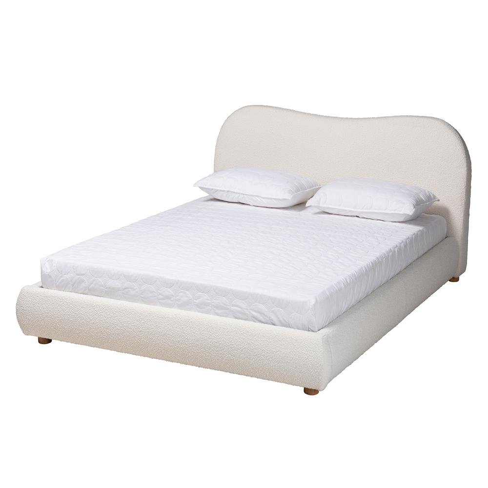Cream Boucle Fabric and Oak Brown Finished Wood Queen Size Platform Bed. Picture 10