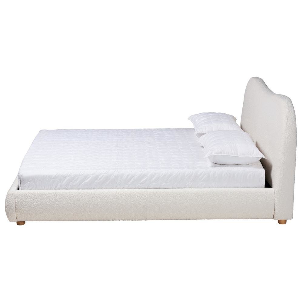 Cream Boucle Fabric and Oak Brown Finished Wood Queen Size Platform Bed. Picture 11