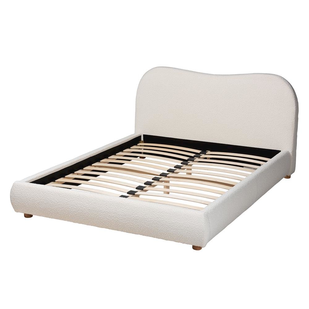 Cream Boucle Fabric and Oak Brown Finished Wood Queen Size Platform Bed. Picture 12