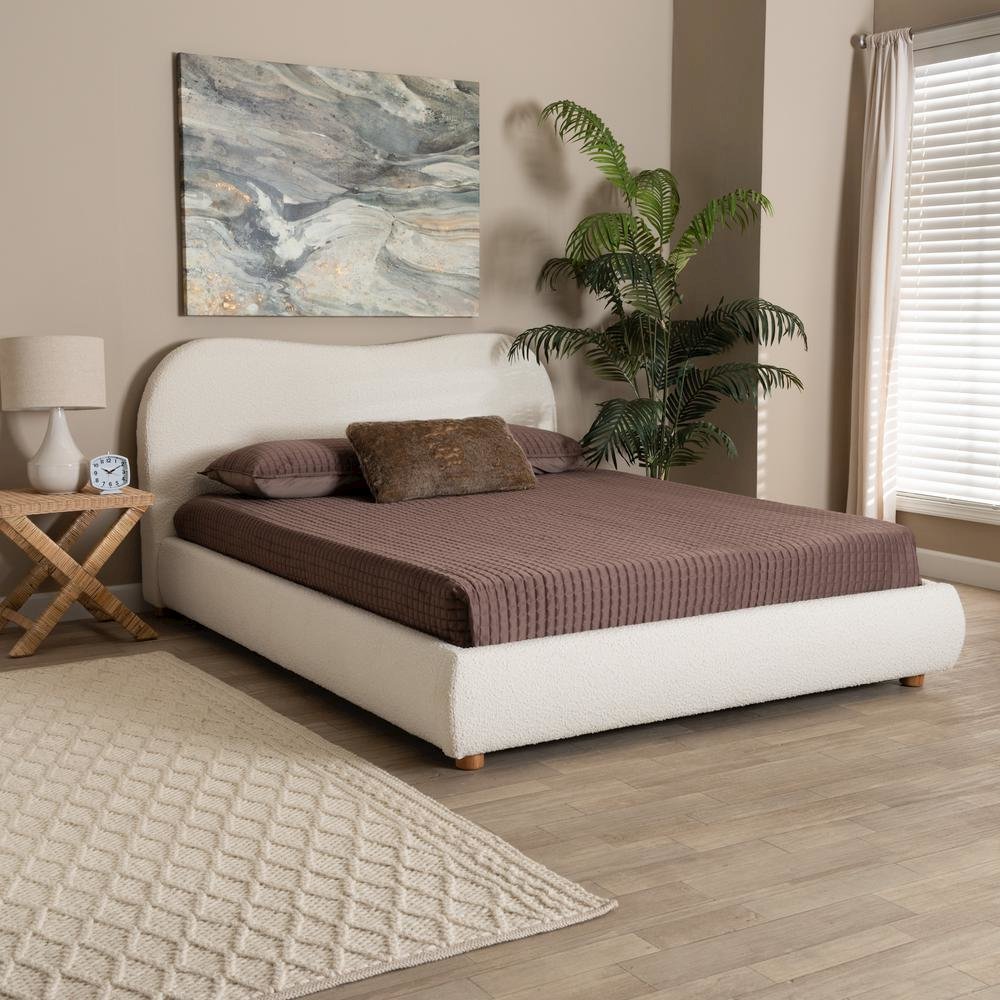 Cream Boucle Fabric and Oak Brown Finished Wood Queen Size Platform Bed. Picture 16