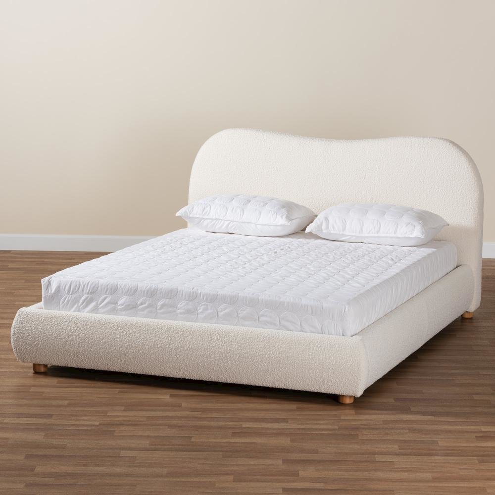 Cream Boucle Fabric and Oak Brown Finished Wood Queen Size Platform Bed. Picture 17