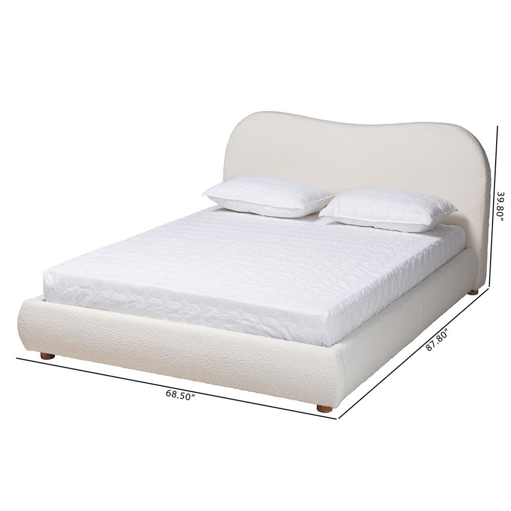 Cream Boucle Fabric and Oak Brown Finished Wood Queen Size Platform Bed. Picture 18