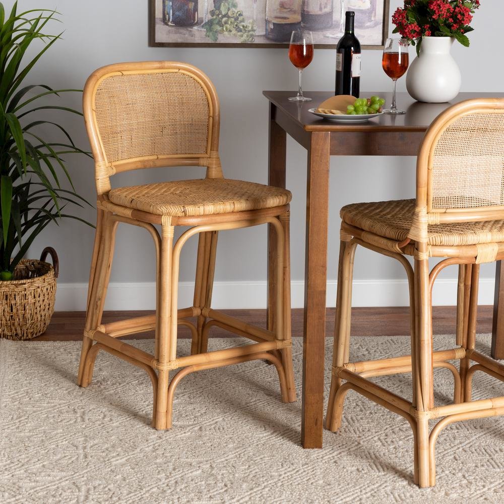 bali & pari Adrena Modern Bohemian Natural Brown Rattan Counter Stool. Picture 18