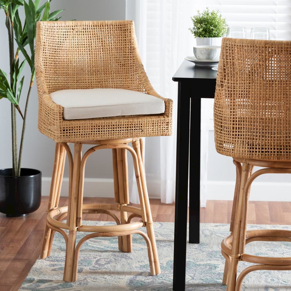 bali & pari Bella Modern Bohemian Natural Brown Rattan Bar Stool. Picture 18