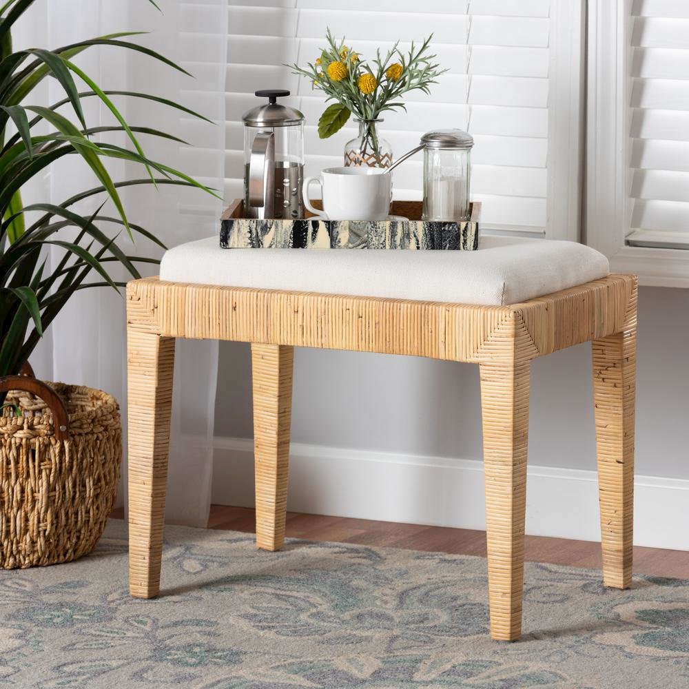 bali & pari Sofia Modern Bohemian Natural Brown Rattan and Mahogany Wood Ottoman. Picture 14