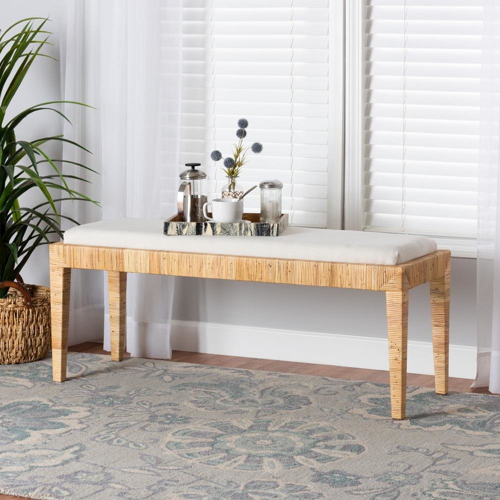 bali & pari Sofia Modern Bohemian Natural Brown Rattan and Mahogany Wood Bench. Picture 14