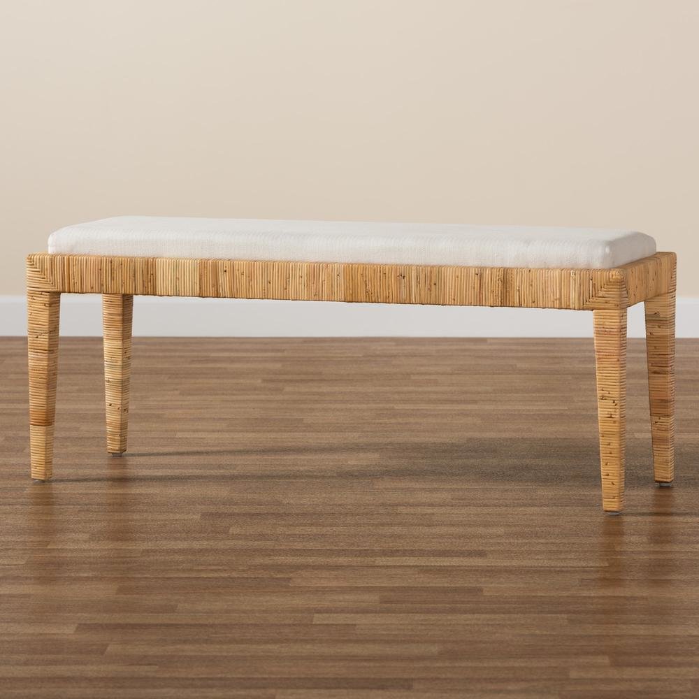bali & pari Sofia Modern Bohemian Natural Brown Rattan and Mahogany Wood Bench. Picture 15